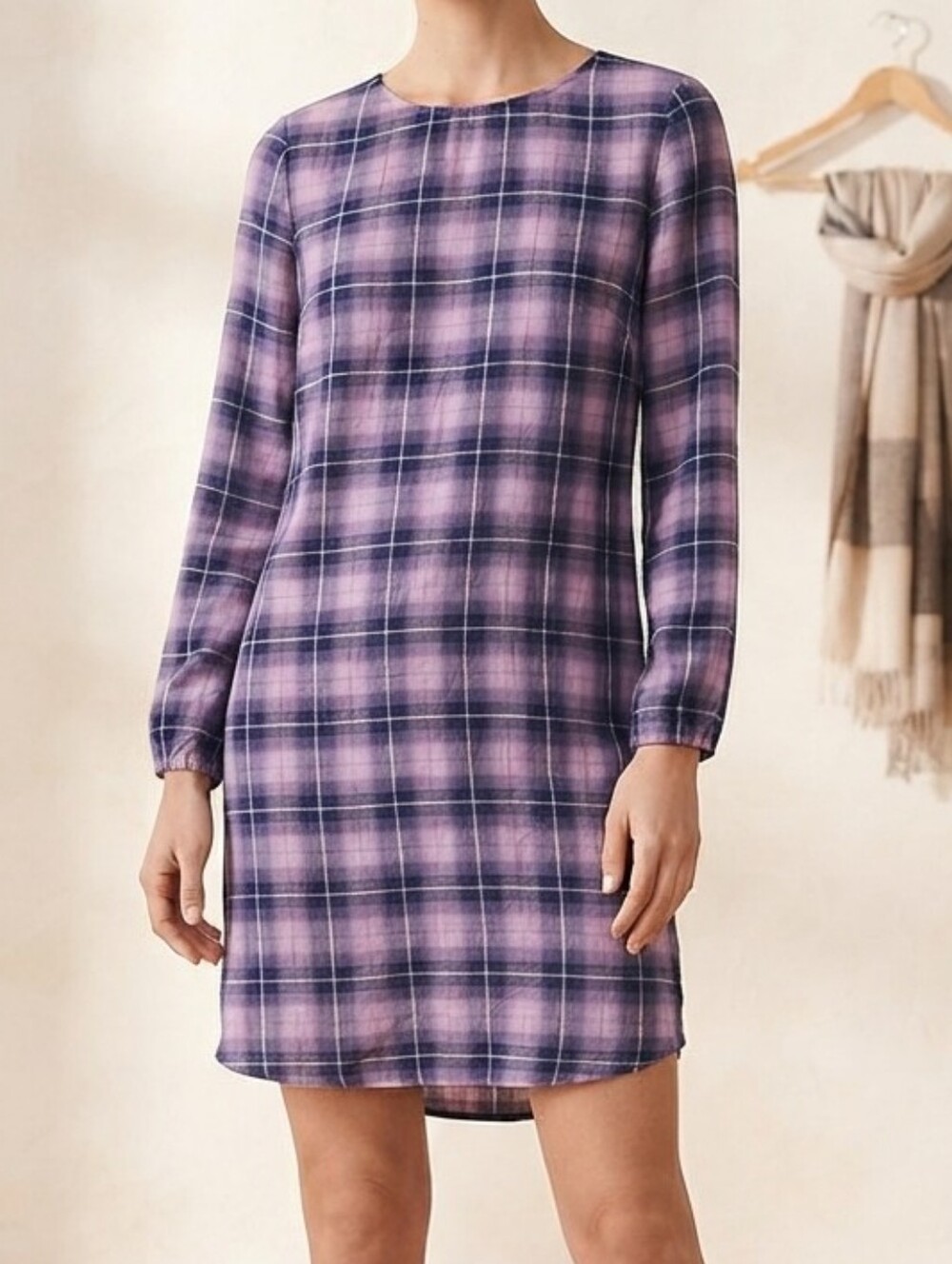 Pink Blue Plaid Long Sleeve Mini Shift Dress Grunge Soft Indie Large 12-14